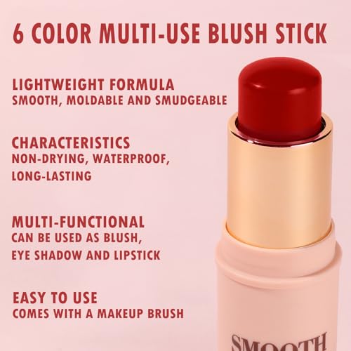 Multi-use Blush Stick, Monochromatic Face Beauty Wand for Cheek, Eyeshadow and Lip, Longwear Waterproof Matte Finish Cream Blush Makeup Stick with Brush for Women, 0.28oz (Hot Red #03)