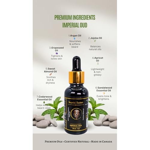 Imperial Oud Beard Oil for Men ? Premium Grooming Oil with Argan, Jojoba & Almond ? Softens Beard, Non-Greasy, Deeply Nourishing ? Luxurious Oud Scent ? 30ml ? Made in Canada