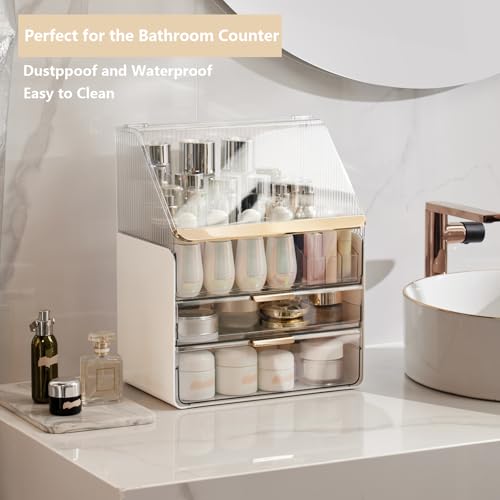 Omeily White Makeup Organizer Countertop Vanity Storage Case with Acrylic Cover
