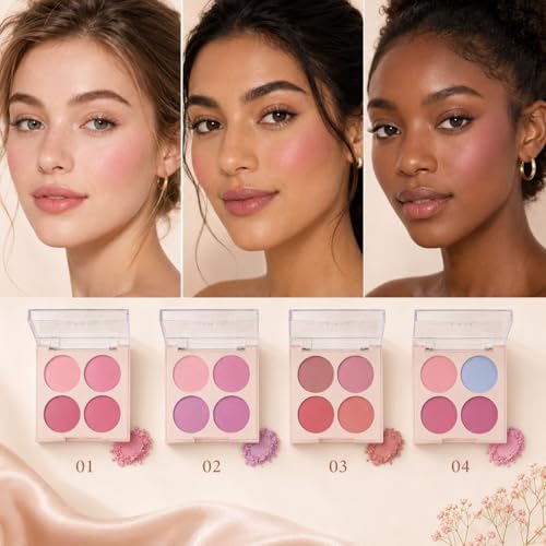 4-Color Blush Palette with Brush Set - Highly Pigmented, Blendable