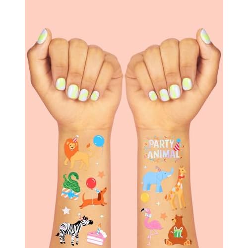 xo, Fetti Party Animal Birthday Party Temporary Tattoos - 60 Foil Styles | Safari Birthday Decorations, Wild Rainbow Kids Accessory, Wild One Elephant Theme Favors, Baby Shower Supplies