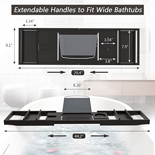 Domax Black Bamboo Bathtub Tray Expandable Bath Caddy for Tub, Waterproof & Adjustable