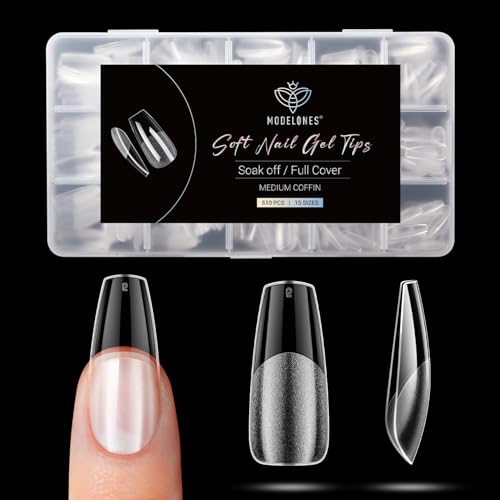 Modelones Medium Coffin Half Matte Nail Tips 510pcs - Clear, Pre-etched, Durable