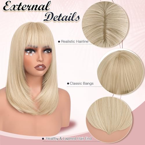 Blonde Bob Wig with Bangs 16" Shoulder Length Synthetic