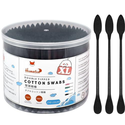 HOMEFOX XL Black Cotton Swabs - 250 Count Precision Pointed Tips