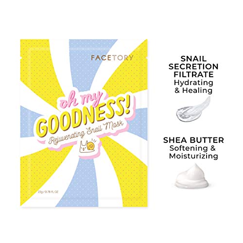 FACETORY K Beauty Face Mask Skin Care - OH MY GOODNESS REJUVENATING SNAIL Sheet Mask with Snail Essence & Hyaluronic Acid | Seal in Moisture (5 Pack)