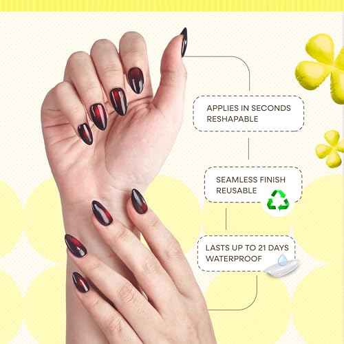 Handmade Cat Eye Gel Press On Nails ? Short Almond Dark Black Red Set, 26pcs Reusable Lamp-Curable Nail Kit Salon-Quality Fake Glue On Nail Tips for Christmas Valentine Wedding Everyday Glam