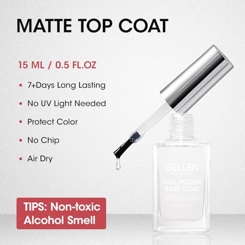 GELLEN Matte Clear Nail Polish Top Coat A00 - No Lamp Needed, Toxin-Free