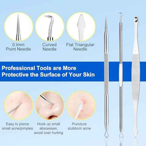 Pimple Popper Tool Kit,10 Pcs Professional Blackhead Remover Comedones Extractor for Easy Removal for Pimples,Blackheads,Zit Removing, Facial and Nose, Acne Removal Kit with Metal Box (Silver)