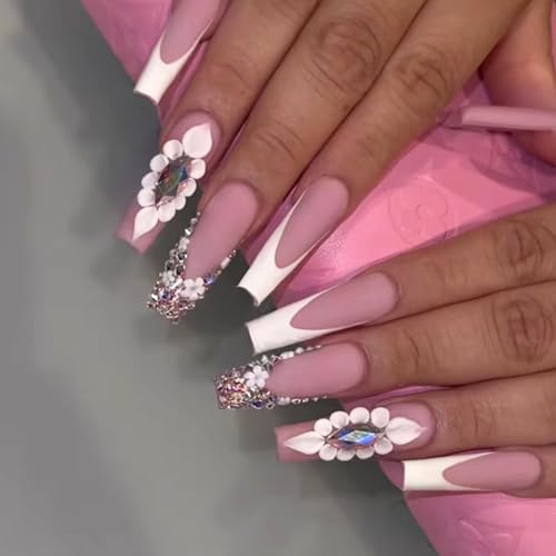 French Tip Press on Nails Long Coffin Fake Nails Flowers Glue on Nails Light Purple Full Cover Acrylic Nails Matte False Nails with Rhinestones Designs Glitter & Cute Stick on Nails for Women 24Pcs