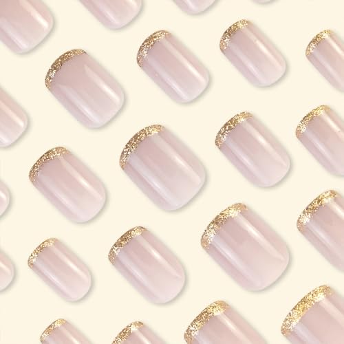 Short Square Press On Nails - Pink French Tip with Gold Accent