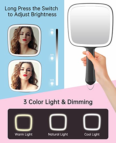 Hand Mirror with 3 Light Color & Dimmable, 6.2'' X 5.9'' Lighted Handheld Mirror, Lightweight & Durable, Portable & Hangable for Makeup Application, Hair Styling, Shaving or Travel, Battery Operated