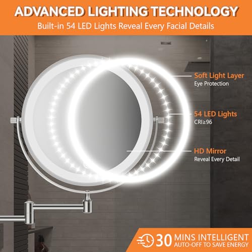 Auxmir 8'' Wall Mounted Lighted Makeup Mirror, 3200mAh Rechargeable Double-Sided 1X/20X Magnifying Mirror with Light, Touch Dimmable 3 Color Light, 360¡Æ Rotation Foldable Extended Arm, Chrome
