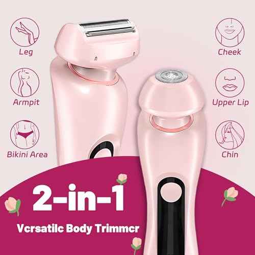 NaTuGi 2 in 1 Electric Shaver for Women Wet Dry Dual Use IPX7 Waterproof with LED Display USB Recharge Dock Dry Use Body Hair Trimmer and Facial Hair Remover for Bikini Underarm Leg Arm Face (Pink)