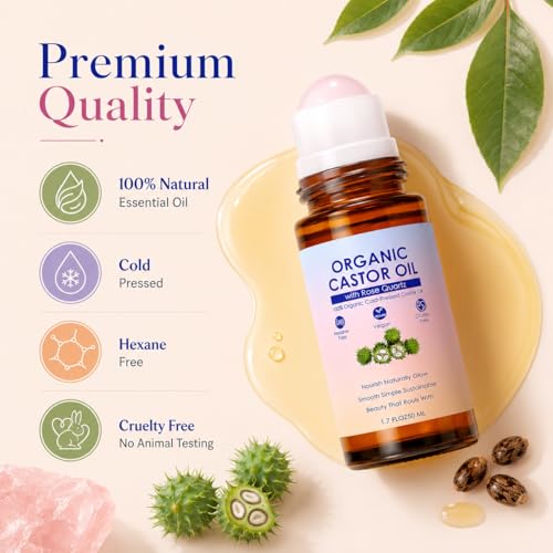 Organic Castor Oil with Rose Quartz Roller for Face & Eye Care – 1.7 Fl Oz