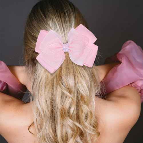 Glitter 4.5-Inch Hair Bows Organza Alligator Clips, Sequin Delicate Double Silver Thread Woven Mesh Hair Accessories for Girls, Toddler, Kids and Women Birthday Wedding - Set of 2 (Light Pink)