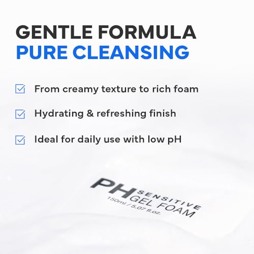 SAM'U PH Sensitive Gel Foam Cleanser | Korean Hydrating Face Wash with Hyaluronic Acid & Centella | Gentle Facial Cleanser for Dry & Sensitive Skin (5.07 Fl. Oz.)