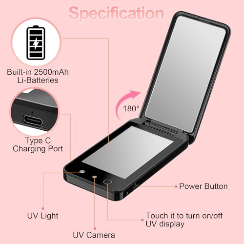 Vanexiss UV Camera for Sunscreen Test UV Mirror Sunscreen Camera, 4 Inch Vanity Mirror Rechargeable Compact Travel Makeup Mirror Handheld Double-Sided Pocket Mirror for Skin Protection(Dark Black)