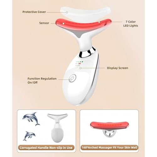 7 Color Face and Neck Massager Light Therapy, Red Light Based Facial Massager for Skin Care, Smoothing, Firming (White)