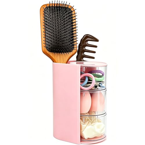 Pink Hair Accessories Organizer with Brush Holder - 180° Rotating Storage