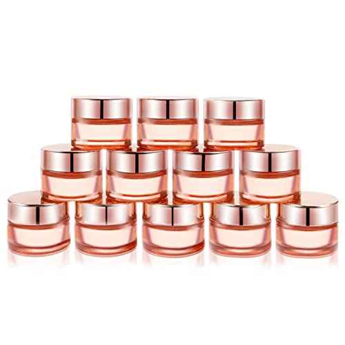 Cositina 12 Pack 1oz Pink Glass Jars,Empty Round Storage Travel Containers with Rose-Golden Lids & Inner Liners,Refillable Cosmetic Vials for Moisturizer,Creams,Salve, Lotion