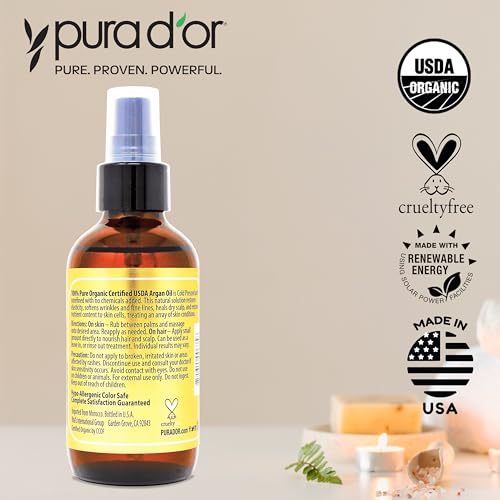 PURA D'OR 4 Oz Organic Moroccan Argan Oil ? 100% Pure Cold-Pressed Virgin Grade ? Lightweight Moisturizer for Skin, Face, Body & Hair ? Helps Dry Skin, Scalp Care, Split Ends, Nails & Cuticles