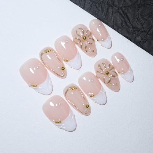 EasierGlow Handmade Short Almond French Press-On Nails - 10 Pcs with Gold Floral Accents