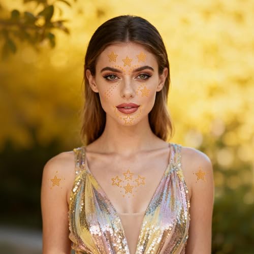 Totelux 6 Sheets Star Face Gems Gold Star Rhinestones Face Jewels Stickers Crystal Body Eye Temporary Tattoo for Women Makeup Eid Mubarak New Year Birthday Party Costume Cosplay Accessories