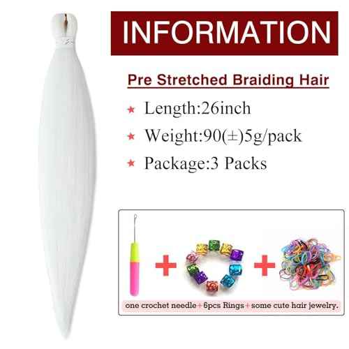 Braiding Hair Pre Stretched 26inch 3 Packs White Braiding hair Extensions Synthetic Crochet Braids, Hot Water Setting Professional Soft Yaki Texture. (26inch(3Packs),White#)