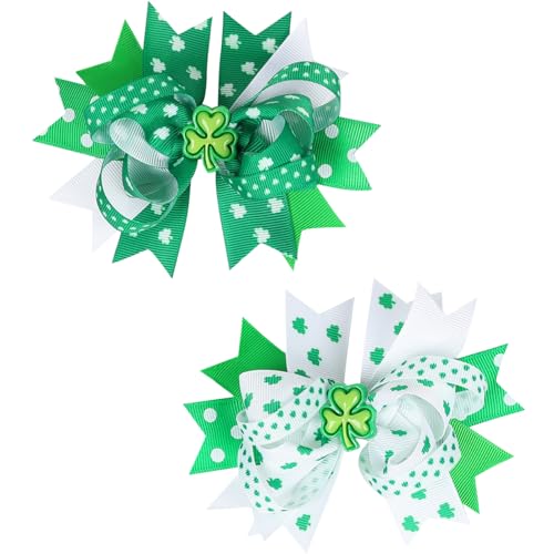 St. Patrick's Day Hair Bows Clips Irish Green Shamrock Hairpin for Kids Grosgrain Ribbon Bowknot Boutique Alligator Hair Clips Green Saint Headwear Accessories for Kids Girls Women 2 Packs