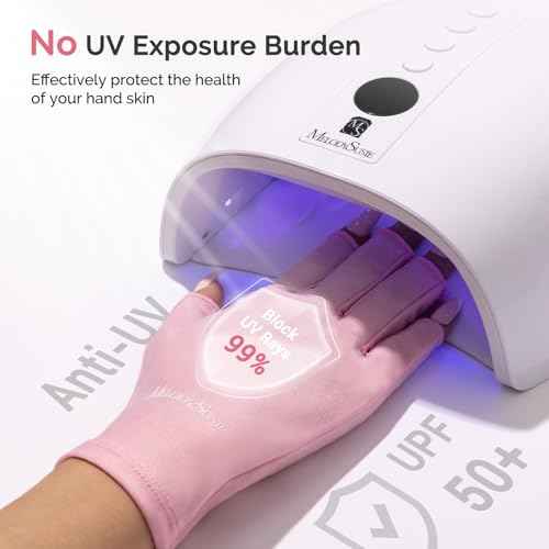 MelodySusie Premium UV Protection Gloves for Manicures, Cool Feeling Fabric,Professional UPF50+, UV Gloves for Gel Nail Lamp, Anti UV Light, Skin Care Fingerless Design, Pink