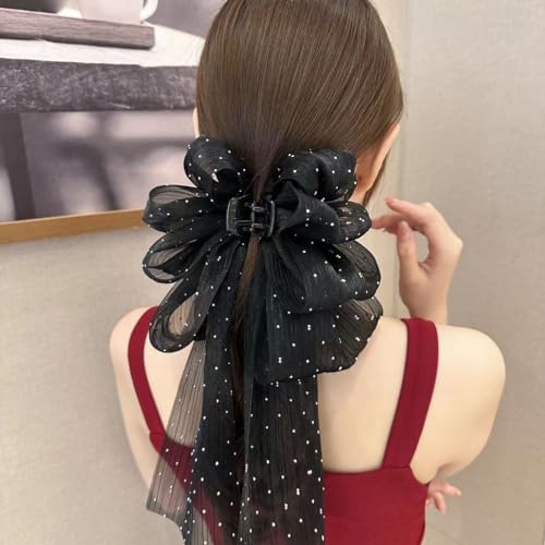 PLwelth Bow Claw Clip Flower Hair Ribbon Claw Black Large Hair Bow Claw for Women Teen Girls Non Slip Hair Accessory for Curly Thin Thick Hair Long Tail Bow Hair Claw for Party Decoration