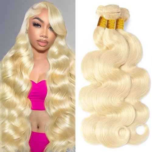 613 Bundles Human Hair 24 26 28 Inch Blonde Bundles Human Hair 100% Unprocessed 12A Grade Brazilian Virgin Raw Weave Bundles 3 Bundles Blonde Body Wave Human Hair Extensions for Women