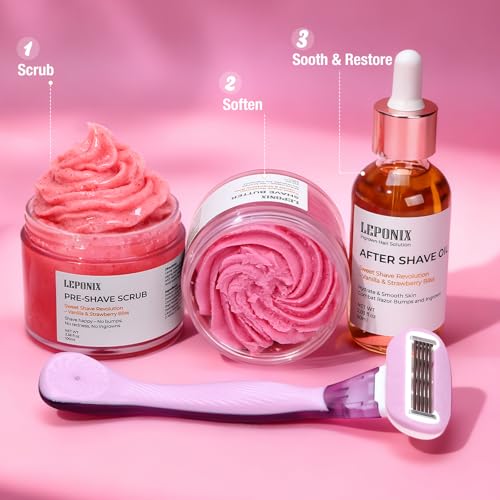 2025 Women's Complete Shaving Kit with Razor & Holder - 5 Piece Strawberry Vanilla Set Include Pre-Shave Scrub, Cream, Aftershave Oil - Luxury Gifts Set for Her, Wife, Mom (Valentines Day, Christmas)
