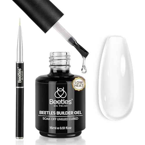 Beetles Builder Gel Low Heat,0.51 oz 8 in 1 Clear Gel Builder for Weak & Thin Nails Building Apex & Extension Strengthener with Detachable Liner Nail Brush for Beginner DIY Salon at Home UV&LED Cured