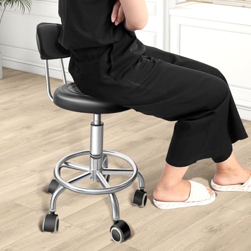 Chair with Wheels PU Leather, with Backrest, Height Adjustable, 360¡Æ Swivelling Armless Barstool with Footrest, Ideal for Pubs, Restaurants, Offices, Homes, Tattoos, Massages (Black)