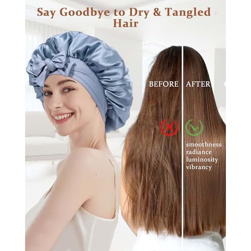 100% Mulberry Silk Bonnet for Sleeping Women Double Layer Silk Hair Bonnet Natural Silk Sleep Cap with Elastic Reversible Hair Wrap (Haze Blue + Sky Blue)