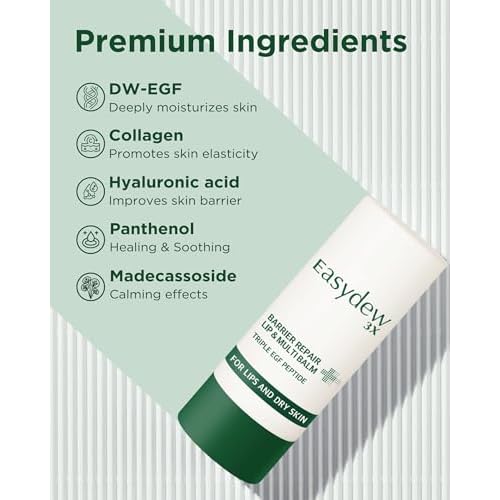 EASYDEW Barrier Lip & Multi Balm ? Hydrating and Soothing Multi-Care Stick for Lips, Face, Neck and Body - EGF Peptide, Hyaluronic Acid, Elastin, Collagen, Panthenol - All in One Moisturizer, 0.34 oz.