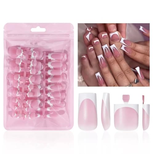 White French Tip Press On Nails & Toenails Set - Medium Square Fake Nails for Manicure