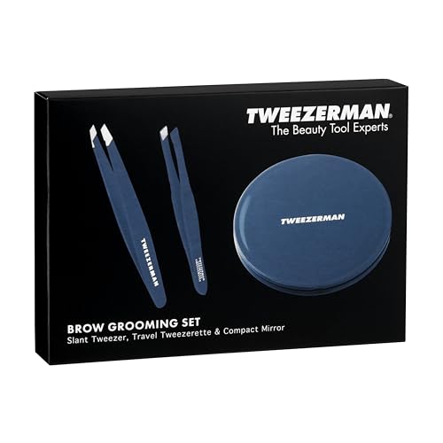 Tweezerman Brow & Lash Set - Compact Mirror, Mini Slant Tweezer and Lash Curler for All Eye Shapes