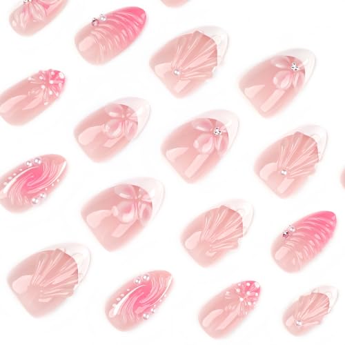 Stbisen Petal Pearl Almond Press On Nails - 95-Blush, 24pcs, Floral & Shell Design