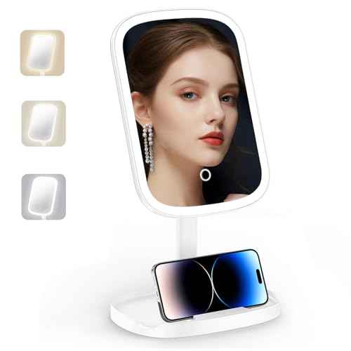 Makeup Mirror with Lights, Rechargeable Vanity Mirror with 3 Color Light, Adjustable Brightness, 360¡Æ Degree Rotation, Makeup Mirror for Beginners, Gifts for Women (White)