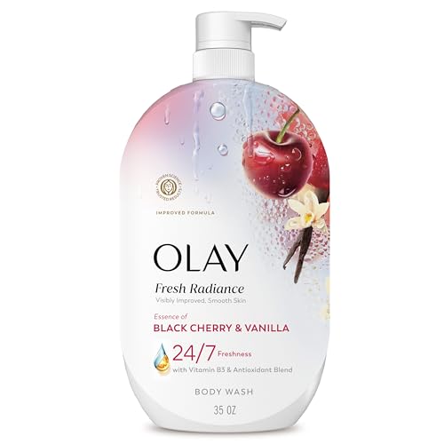 Olay Body Wash for Women, Fresh Radiance, 24/7 Skin-Loving Freshness, Visibly Radiant, Plant Based Cleansers, Vitamin B3 & Antioxidant Blend, For All Skin Types, Black Cherry & Vanilla Scent, 35 fl oz