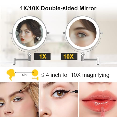 Wall Mounted Lighted Makeup Mirror - 9" Dual-Sided 1X/10X Magnification