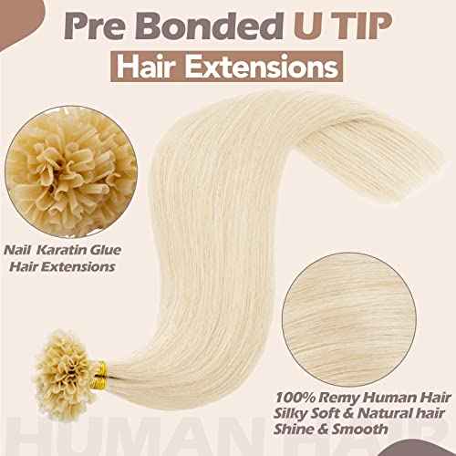 S-noilite U Tip Hair Extensions Human Hair Blonde U Tip Fusion Hair Pre Bonded Nail Tipped Hair Italian Keratin Glue Remy Human Hair Straight 100 Strands/50g 16" (#60 Platinum Blonde)