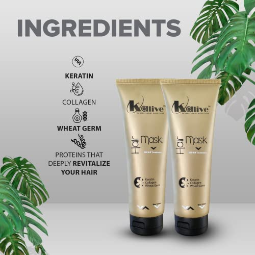 KALIVE Hair Mask for Deep Hydration & Repair - 8 oz, Pack of 2, Keratin Collagen Wheat Germ