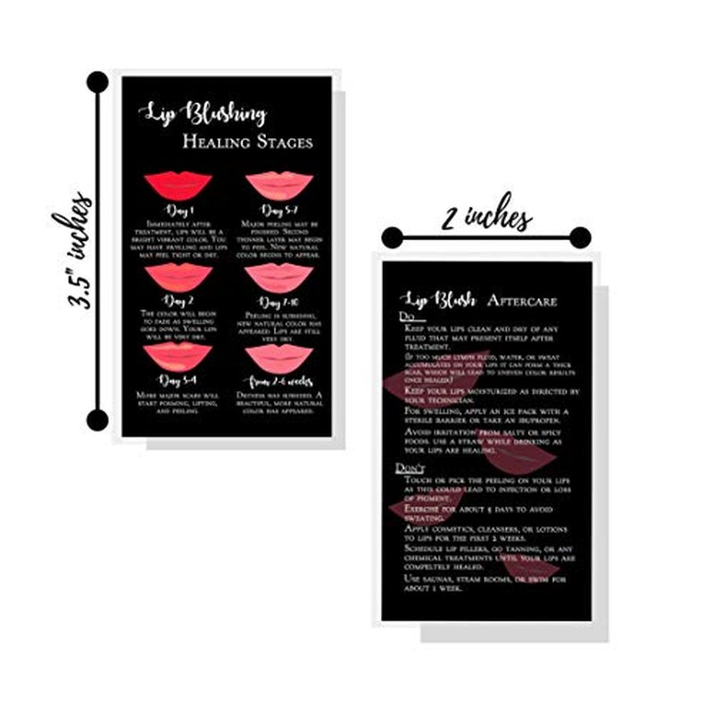 Boutique Marketing LLC Lip Blush Stages of Healing & Aftercare Instructions Cards | Package of 50 | Double Sided Size 2 x 3.5 inches Business Card | Black with Red Lips Design