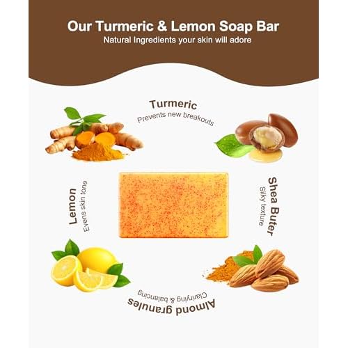 Lemon Turmeric Kojic Acid Soap, 4 Pcs Turmeric Soap Bar Infused with Hyaluronic Acid, Vitamin C£¬E, Shea Butter for Face & Body Deeply Clean, 3 Foam Nets