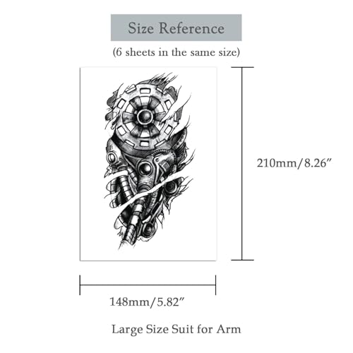 Biomechanical Gear Temporary Tattoos - 6 Sheets Waterproof Fake Tattoos