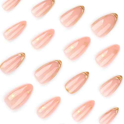 Press on Nails Almond Fake Nails with Gold Line Design Glue on Nails Acrylic Nails Glossy Full Cover Stick on Nails for Women 24Pcs